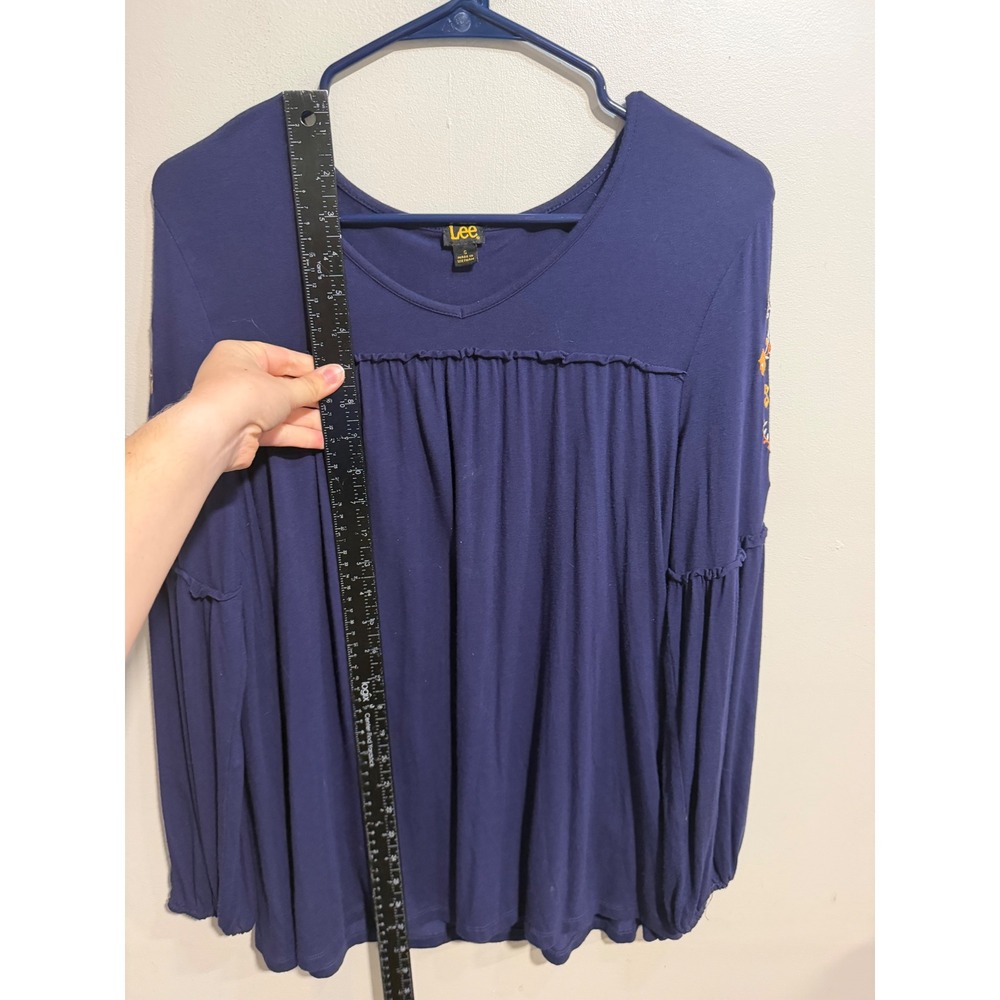Lee Womens Navy Blue Embroidered Long Sleeve Boho V-Neck Blouse Small - Picture 7 of 9